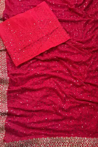 red sequin embroidered thread work georgette saree with blouse