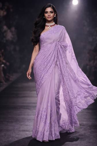 Lavender embroidered, sequin embroidered organza silk bollywood saree with blouse