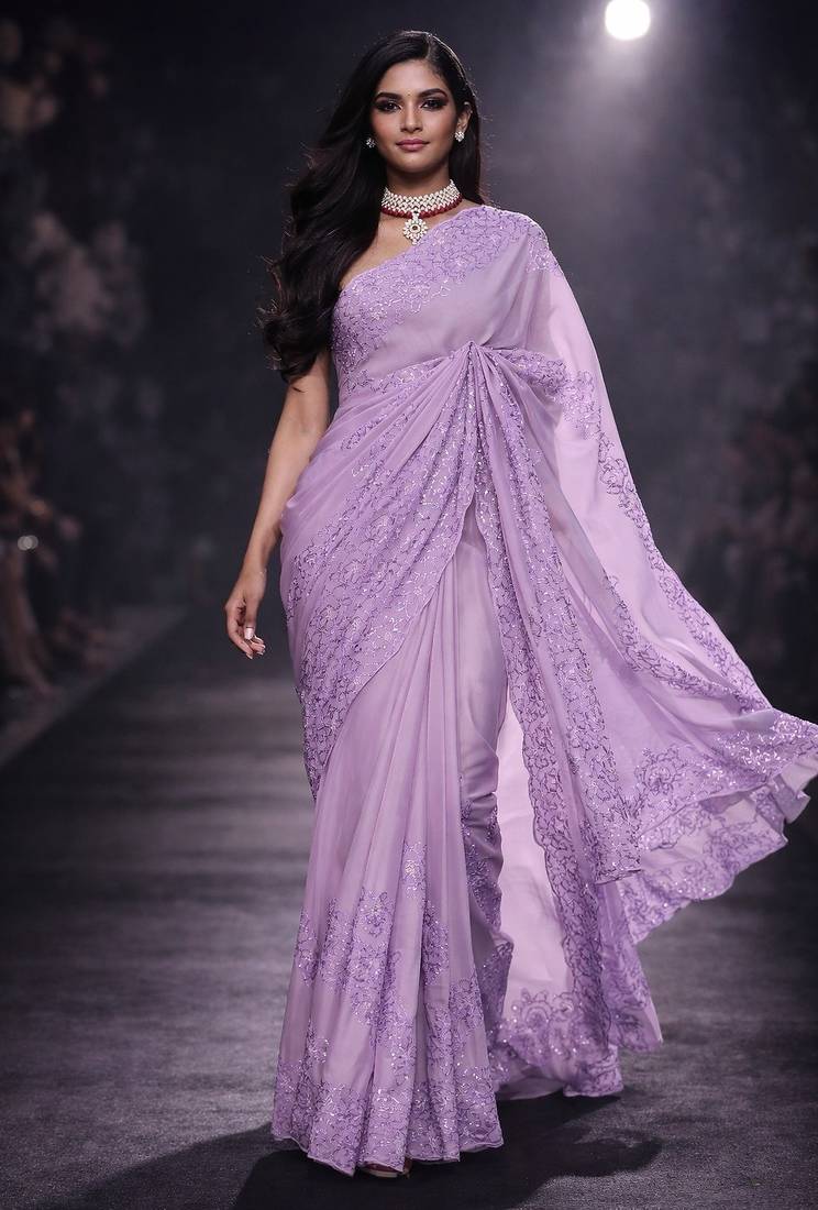 Lavender embroidered, sequin embroidered organza silk bollywood saree with blouse