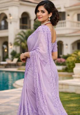 Lavender embroidered, sequin embroidered organza silk bollywood saree with blouse 2
