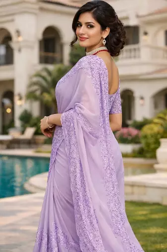 Lavender embroidered, sequin embroidered organza silk bollywood saree with blouse