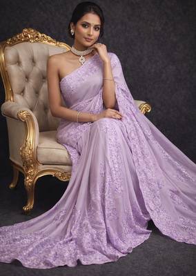 Lavender embroidered, sequin embroidered organza silk bollywood saree with blouse 3