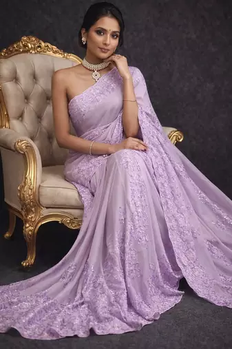 Lavender embroidered, sequin embroidered organza silk bollywood saree with blouse