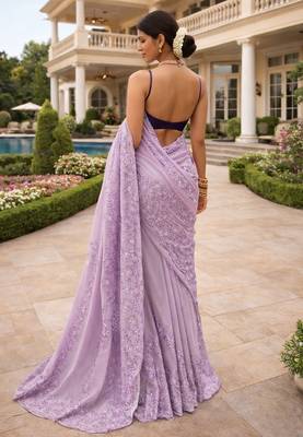 Lavender embroidered, sequin embroidered organza silk bollywood saree with blouse 4