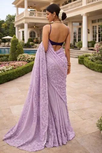 Lavender embroidered, sequin embroidered organza silk bollywood saree with blouse