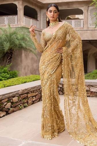 beige embroidered sequin embroidered butterfly net saree with blouse