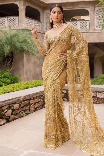 beige embroidered sequin embroidered butterfly net saree with blouse