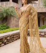 beige embroidered sequin embroidered butterfly net saree with blouse