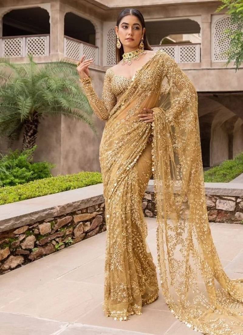 beige embroidered sequin embroidered butterfly net saree with blouse