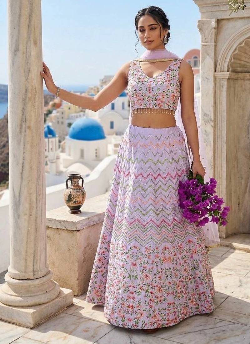 Heavy satin silk lehenga with sequence & thread work 