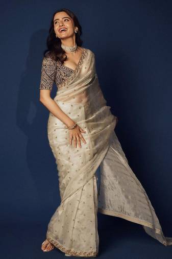 off white sequin embroidered soft organza saree with blouse