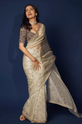 off white sequin embroidered soft organza saree with blouse