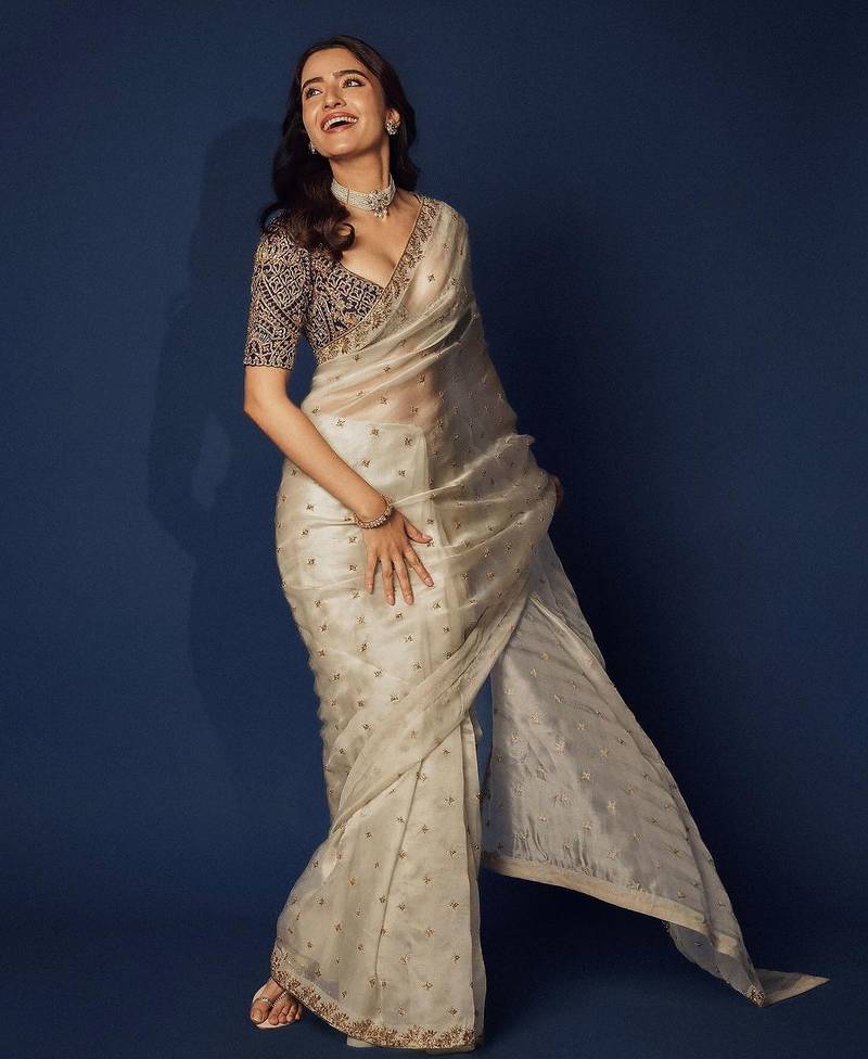 off white sequin embroidered soft organza saree with blouse