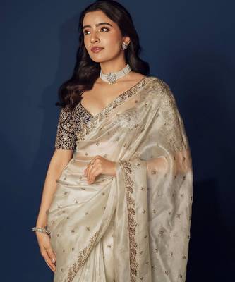 off white sequin embroidered soft organza saree with blouse 2