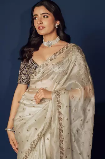 off white sequin embroidered soft organza saree with blouse