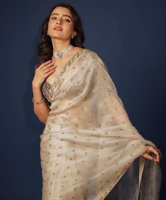 off white sequin embroidered soft organza saree with blouse 3