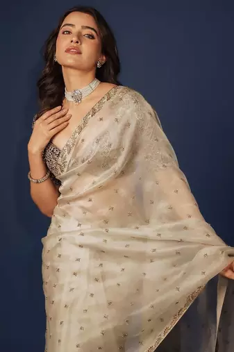 off white sequin embroidered soft organza saree with blouse