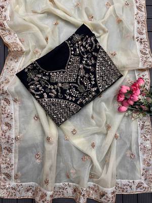 off white sequin embroidered soft organza saree with blouse 5