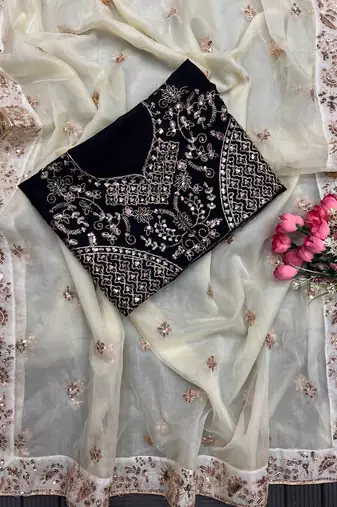 off white sequin embroidered soft organza saree with blouse