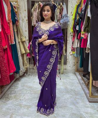 Purple embroidered, sequin embroidered, cut work vichitra silk  bollywood saree with blouse 1