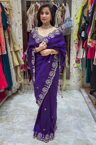 Purple embroidered, sequin embroidered, cut work vichitra silk  bollywood saree with blouse