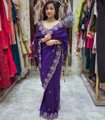 Purple embroidered, sequin embroidered, cut work vichitra silk  bollywood saree with blouse