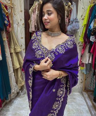 Purple embroidered, sequin embroidered, cut work vichitra silk  bollywood saree with blouse 2