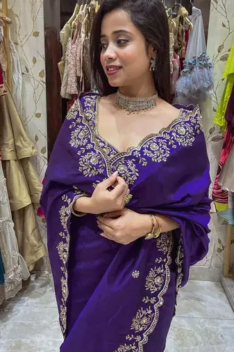 Purple embroidered, sequin embroidered, cut work vichitra silk  bollywood saree with blouse