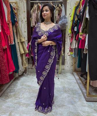 Purple embroidered, sequin embroidered, cut work vichitra silk  bollywood saree with blouse 3