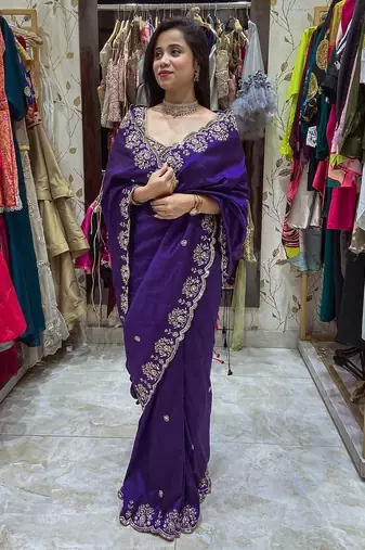 Purple embroidered, sequin embroidered, cut work vichitra silk  bollywood saree with blouse
