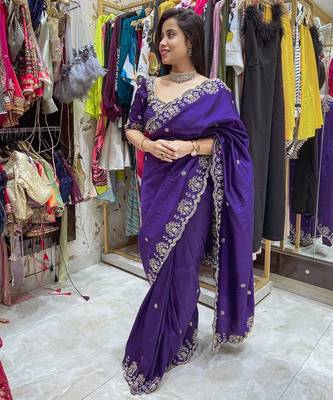 Purple embroidered, sequin embroidered, cut work vichitra silk  bollywood saree with blouse 4