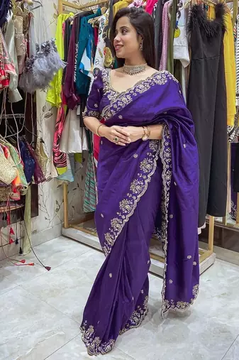 Purple embroidered, sequin embroidered, cut work vichitra silk  bollywood saree with blouse