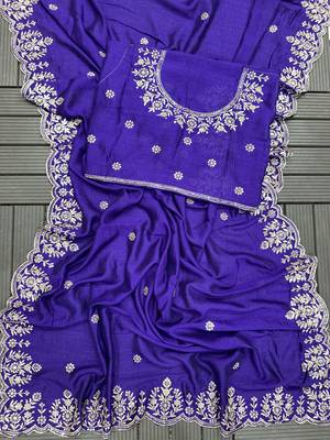 Purple embroidered, sequin embroidered, cut work vichitra silk  bollywood saree with blouse 5