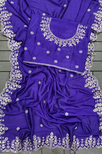Purple embroidered, sequin embroidered, cut work vichitra silk  bollywood saree with blouse
