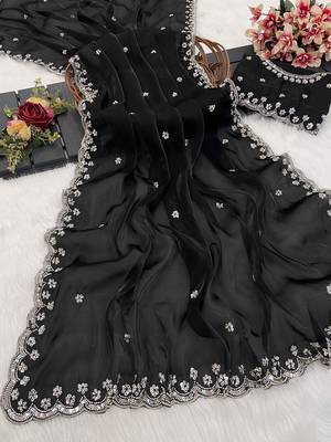 Black heavy embroidered real moti with sequin embroidered zimmy choo silk bollywood saree with blouse 1
