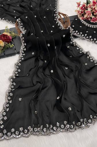 Black heavy embroidered real moti with sequin embroidered zimmy choo silk bollywood saree with blouse