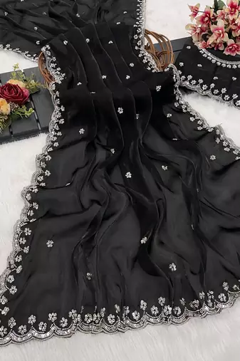 Black heavy embroidered real moti with sequin embroidered zimmy choo silk bollywood saree with blouse