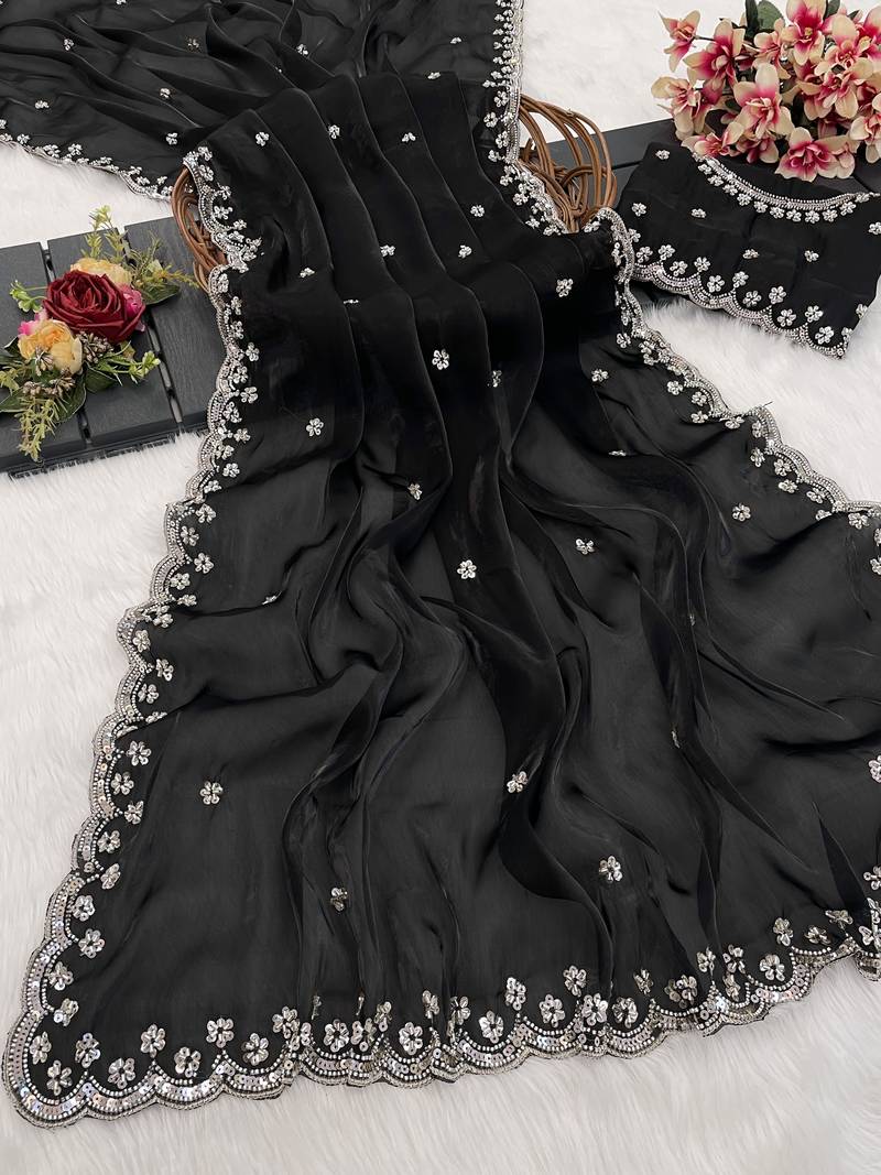 Black heavy embroidered real moti with sequin embroidered zimmy choo silk bollywood saree with blouse