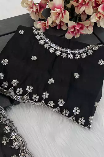 Black heavy embroidered real moti with sequin embroidered zimmy choo silk bollywood saree with blouse