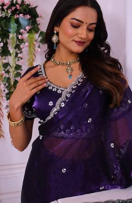 Purple heavy embroidered real moti with sequin embroidered zimmy choo silk bollywood saree with blouse 2
