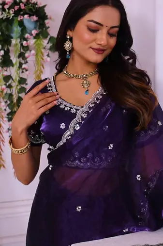 Purple heavy embroidered real moti with sequin embroidered zimmy choo silk bollywood saree with blouse