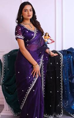 Purple heavy embroidered real moti with sequin embroidered zimmy choo silk bollywood saree with blouse 3