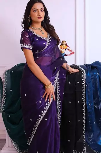 Purple heavy embroidered real moti with sequin embroidered zimmy choo silk bollywood saree with blouse