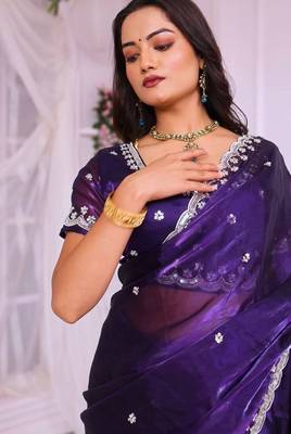 Purple heavy embroidered real moti with sequin embroidered zimmy choo silk bollywood saree with blouse 4