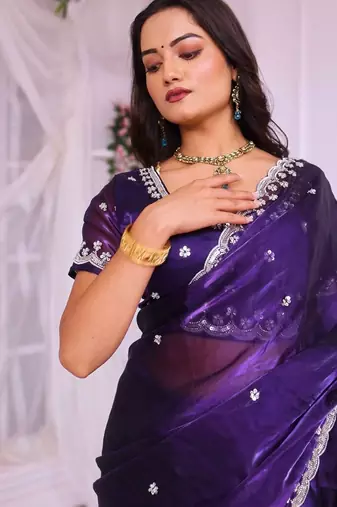 Purple heavy embroidered real moti with sequin embroidered zimmy choo silk bollywood saree with blouse