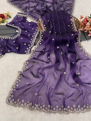Purple heavy embroidered real moti with sequin embroidered zimmy choo silk bollywood saree with blouse 5