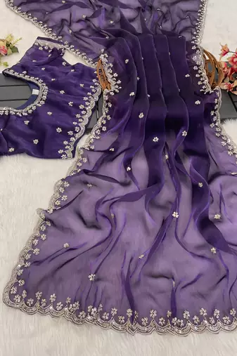 Purple heavy embroidered real moti with sequin embroidered zimmy choo silk bollywood saree with blouse