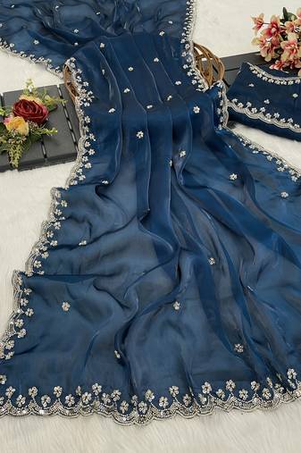 Teal blue heavy embroidered real moti with sequin embroidered zimmy choo silk bollywood saree with blouse