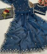 Teal blue heavy embroidered real moti with sequin embroidered zimmy choo silk bollywood saree with blouse