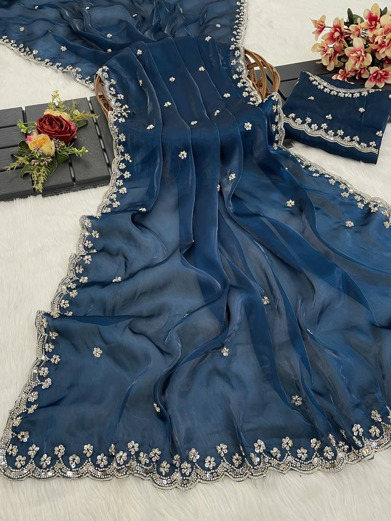 Teal blue heavy embroidered real moti with sequin embroidered zimmy choo silk bollywood saree with blouse